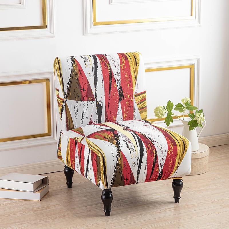 Slipper Chair Abstract Geometric Print Red Mustard Black Turned Legs
