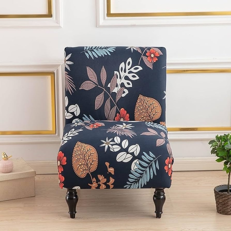 Slipper Chair Botanical Floral Print Navy Blue Dark Turned Legs Armless