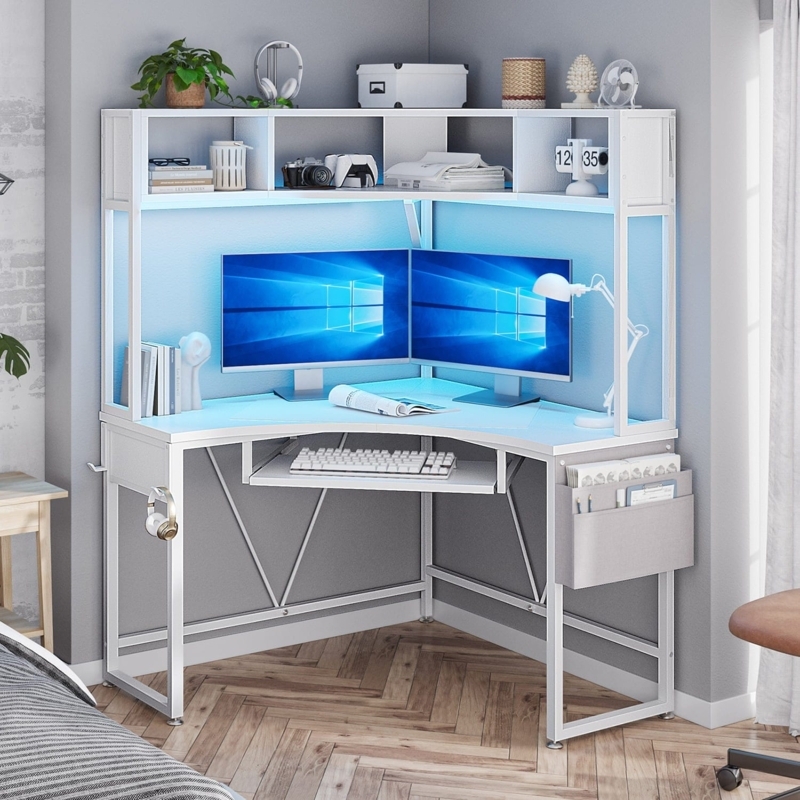 Small Space White Corner Desk with Hutch and Integrated LED Backlighting