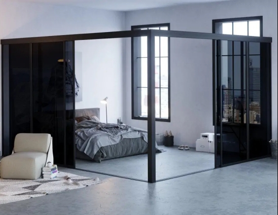 Smoked Glass Room Divider with Matte Black Metal Frame