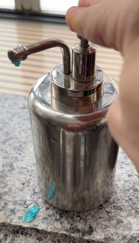 Soap Dispenser, Curved Spout, Polished Metal, Cylindrical Form