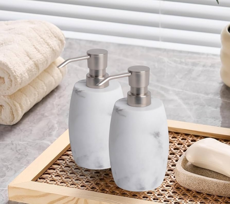 Soap Dispenser, Marble Look Resin, Brushed Metallic Pump, Ovoid
