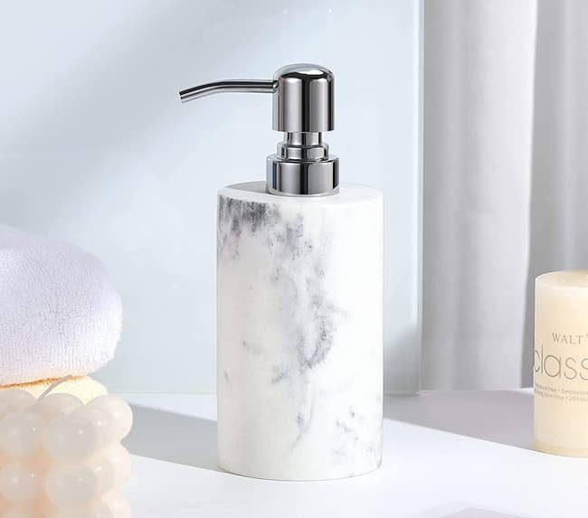 Soap Dispenser, Marbled Stone Base, Polished Silver Pump, Cylindrical