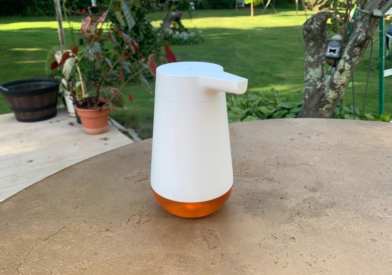 Soap Dispenser, Matte White, Amber Base, Tapered Cylindrical Shape