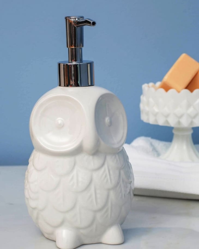 Soap Dispenser, Owl Motif, Embossed Feathers, Glossy White Ceramic