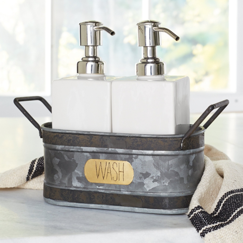 Soap Dispenser Set, Wash Plaque, Galvanized Caddy, Dual Pump