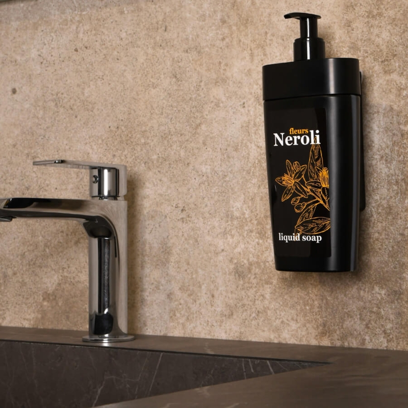 Soap Dispenser, Wall Mounted, Botanical Graphic, Matte Black Finish