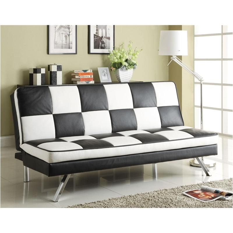Sofa Bed Checkerboard Pattern Faux Leather Chrome Legs White Piping