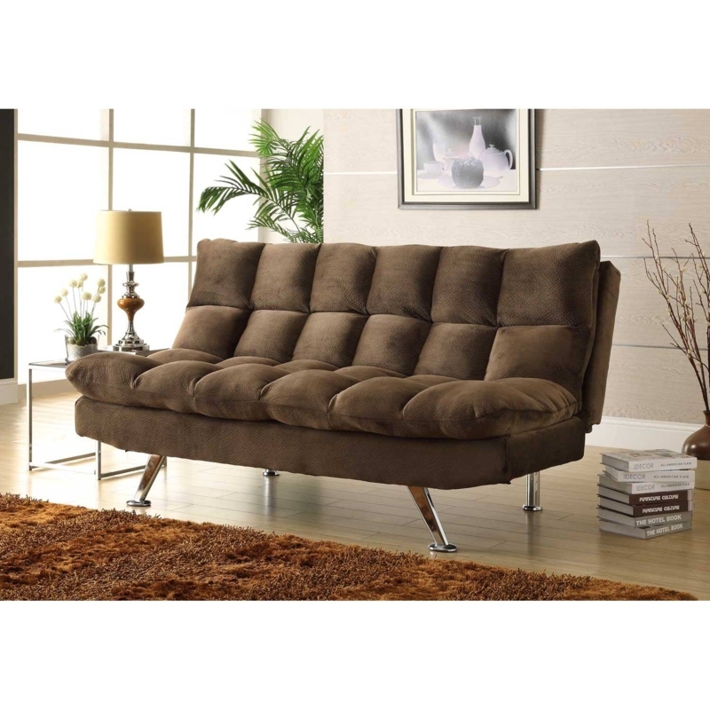 Sofa Bed Chocolate Microfiber Plush Padding Flared Chrome Legs