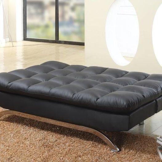 Sofa Bed Matte Black Leather Like Quilted Surface Flared Chrome Legs