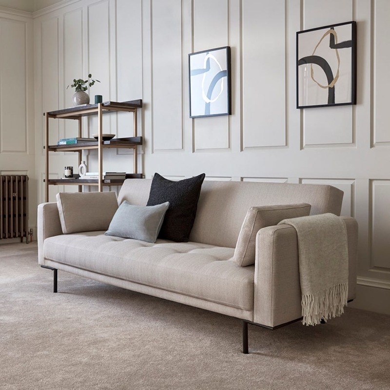 Sofa Bed Natural Beige Woven Fabric Tufted Seat Slim Metal Legs