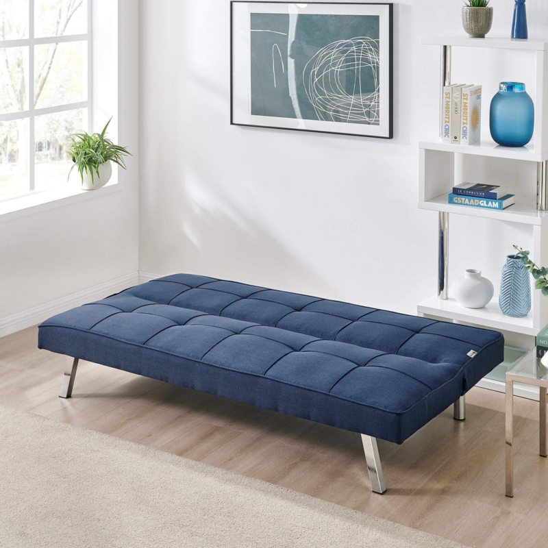 Sofa Bed Navy Blue Square Tufting Armless Polished Chrome Legs