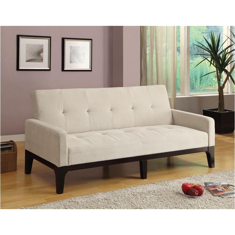Sofa Bed Oatmeal Beige Biscuit Tufted Exposed Wood Base Frame