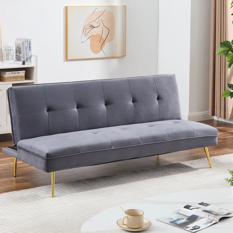 Sofa Bed Slate Grey Velvet Like Armless Gold Tapered Legs