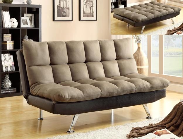 Sofa Bed Tan Two Tone Biscuit Tufted Angled Chrome Legs