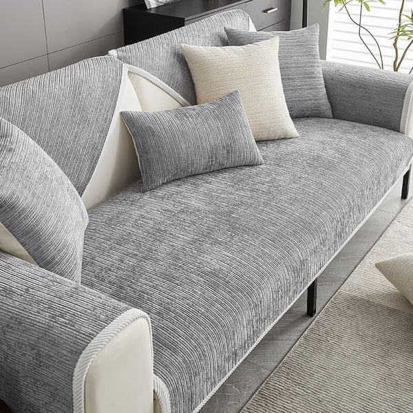 Sofa Cover Ribbed Texture Heather Grey With Piped Borders
