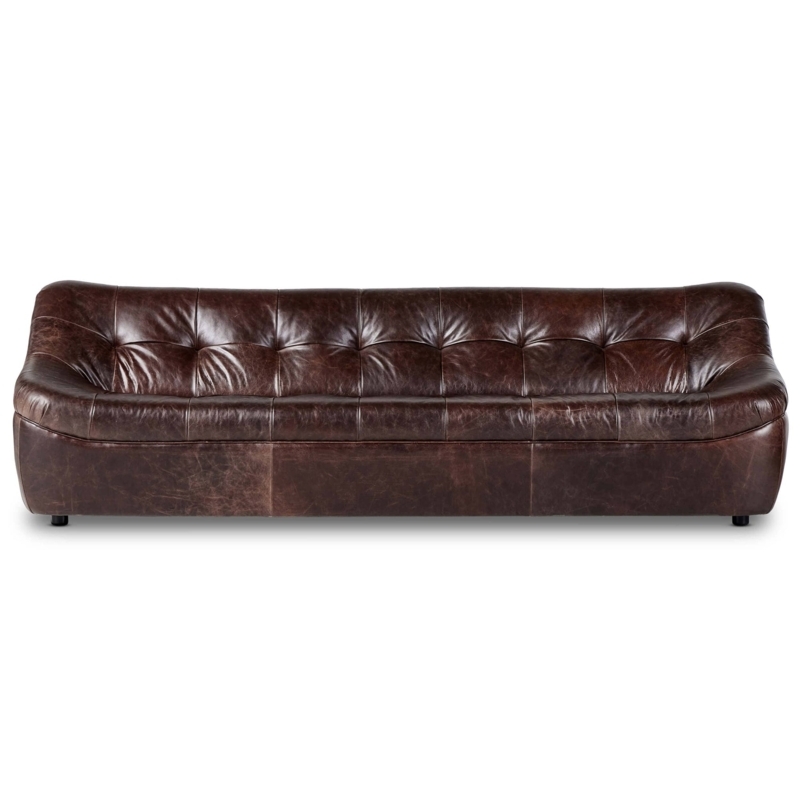 Sofa, Distressed Brown Leather Sofa, Buttonless Tufting