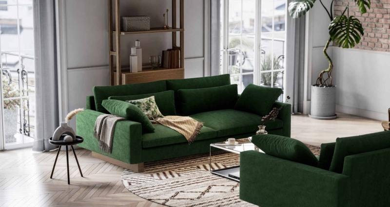 Sofa Forest Green Slipcovered Look Plush Cushions Wood Plinth Base