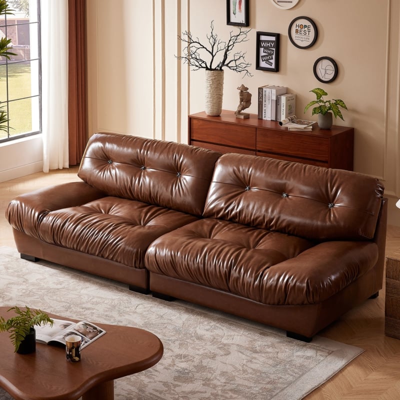 Sofa, Plush Brown Leather Sofa, Cognac Tufted Upholstery