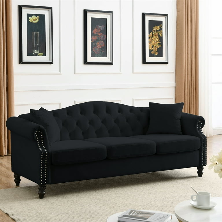 Sofa Rolled Arms Silver Chrome Nailhead Trim Diamond Tufting