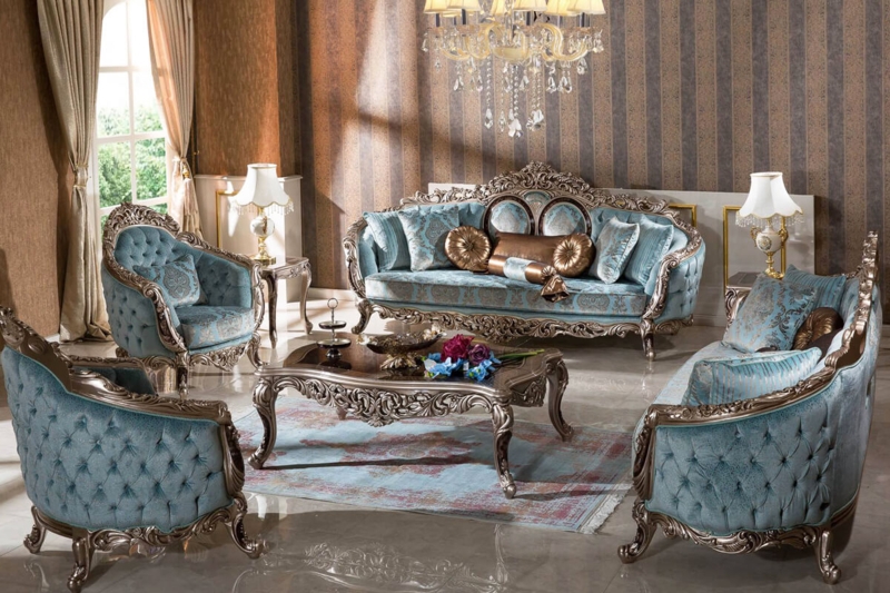 Sofa Set Baroque Revival Metallic Silver Powder Blue Diamond Tufted
