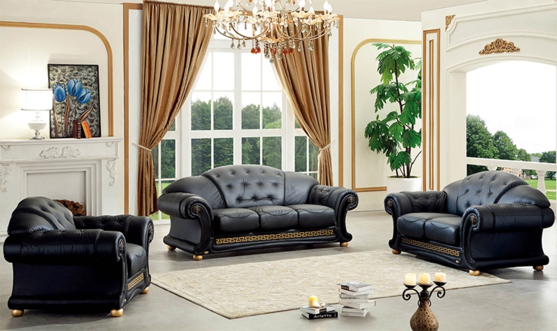 Sofa Set Black Tufted Neoclassical Greek Key Trim Gold Ball Feet