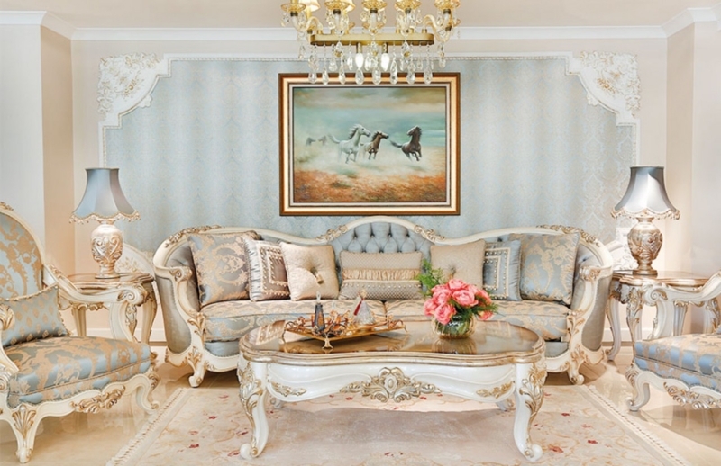 Sofa Set Classic Rococo Gold Leaf Pale Blue Damask Upholstery