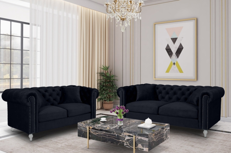 Sofa Set Clear Acrylic Legs Rolled Arms Deep Tufting