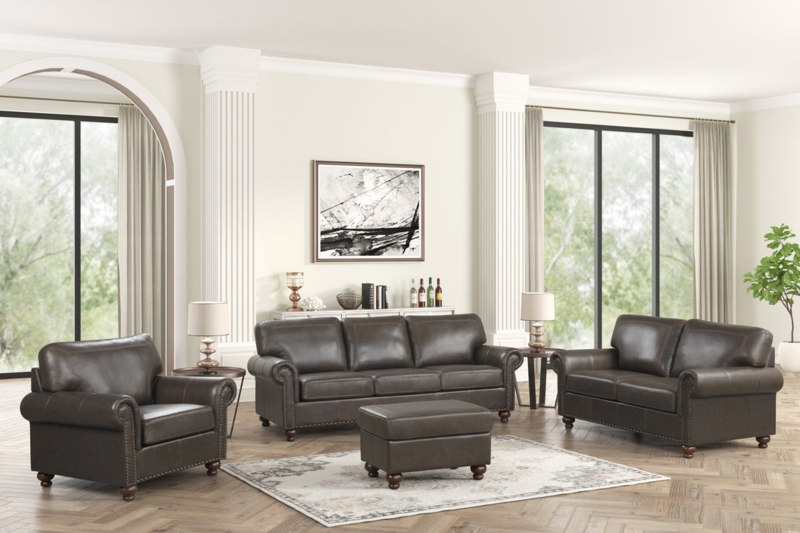 Sofa Set: Cocoa Brown Leather-Like with Rolled Arms & Bun Feet