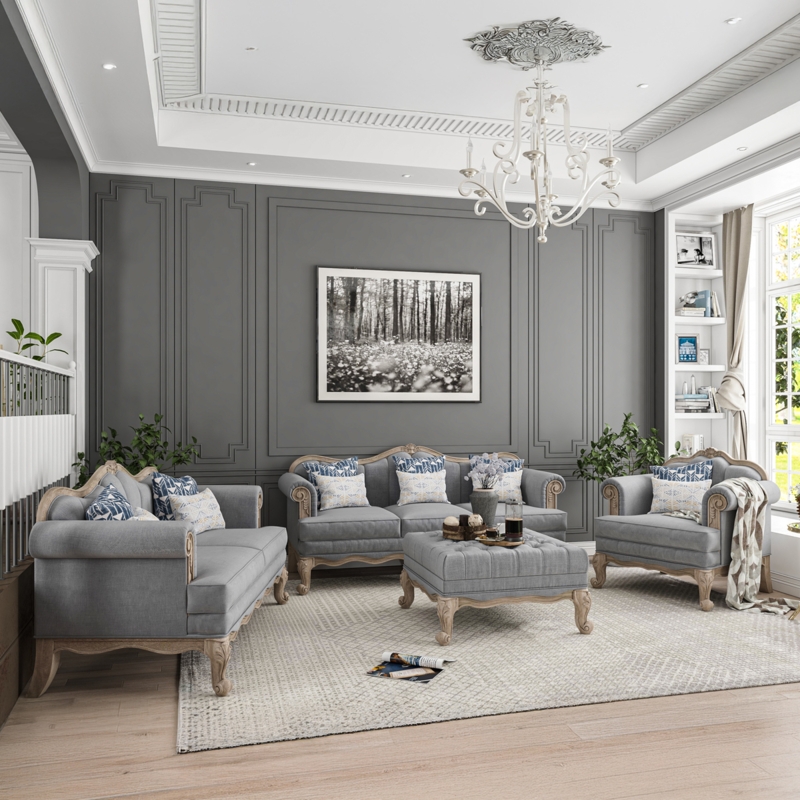Sofa Set French Provincial Carved Teak Wood Blue Grey Tufted Ottoman