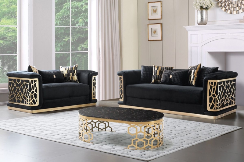 Sofa Set Geometric Side Panels Gold Fretwork Plinth Base
