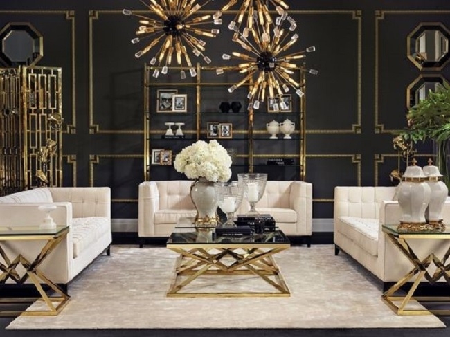 Sofa Set Gold Geometric Trim Starburst Lighting Tufted Cream Sofas