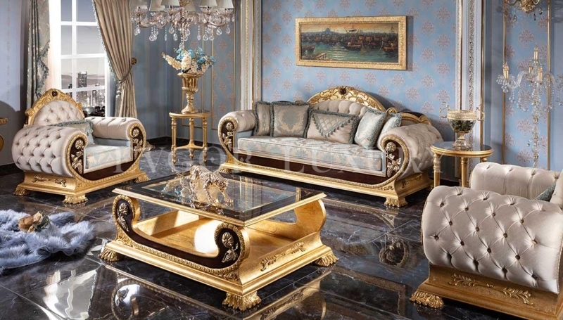 Sofa Set Gold Gilded Champagne Cream Deep Button Tufting Ornate Scroll