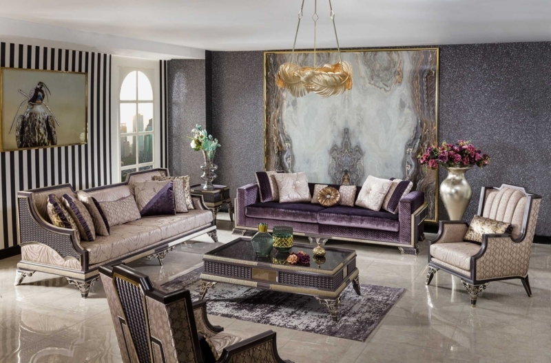 Sofa Set in Deep Purple Velvet with Hand Carved Trim