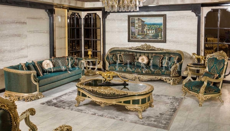 Sofa Set Luxury Emerald Green Ornate Gold Carved Damask Pattern