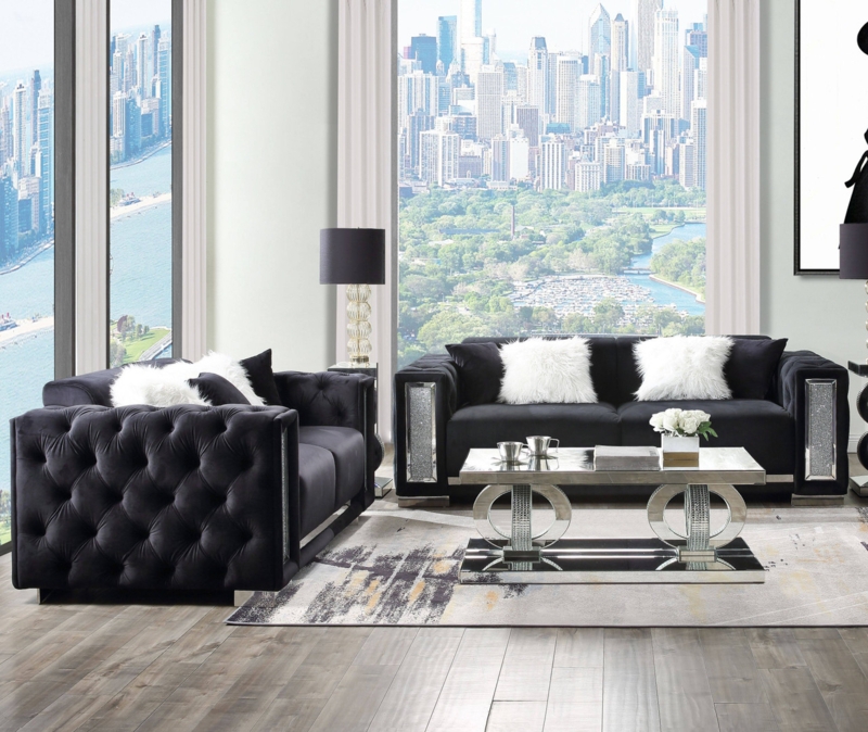 Sofa Set Mirrored Arm Panels Exterior Diamond Tufting