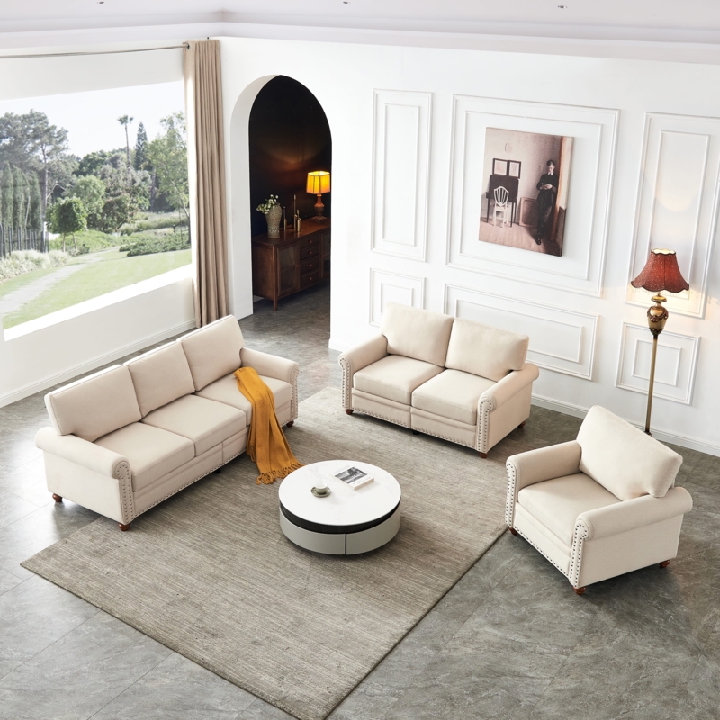 Sofa Set Nailhead Trim Bun Feet Classic Beige Furniture