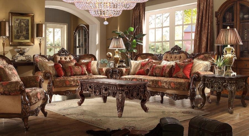Sofa Set Ornate Carved Traditional Burgundy Red Multi-Patterned