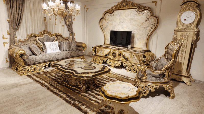 Sofa Set Ornate Gold Baroque Cool Grey Scalloped Stone Tops