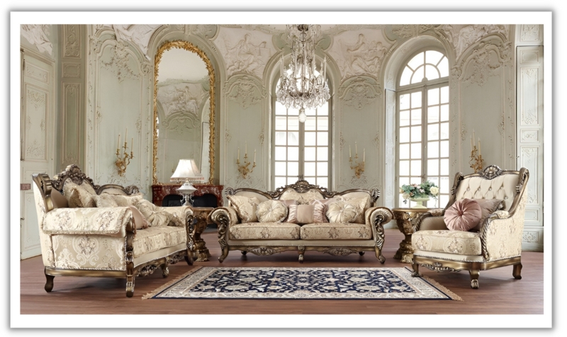 Sofa Set: Rococo Revival Style with Intricate Damask Pattern & Carved Frames