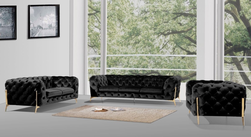 Sofa Set Three Piece Tuxedo Arms Button Tufted Gold Legs