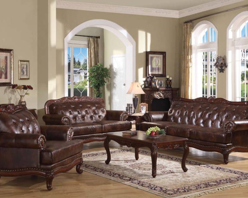 Sofa Set Traditional Brown Deep Button Tufting Carved Crown Nailhead
