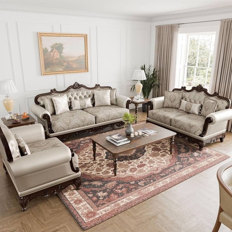 Sofa Set Traditional Dark Cherry Carved Wood Frame Button Tufting