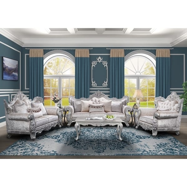 Sofa Set Traditional Ornate Silver Champagne Finish Tufted Upholstery
