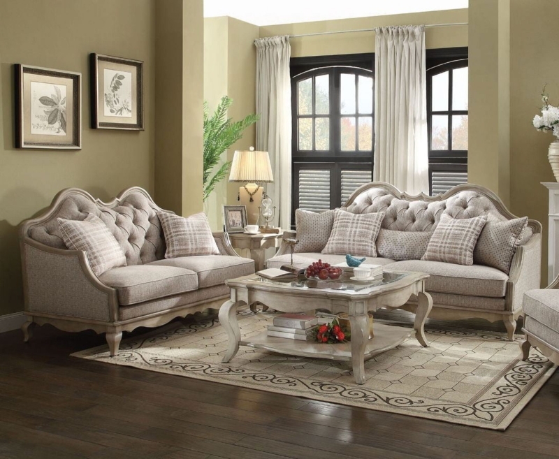 Sofa Set Tufted Taupe Formal Traditional Antique Finish Scalloped Back