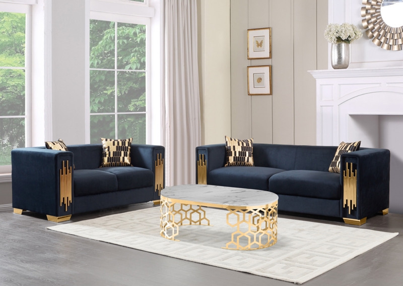 Sofa Set Vertical Gold Slats Gold Block Feet Art Deco
