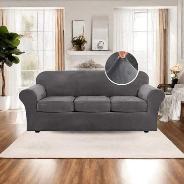 Sofa Slipcover Charcoal Gray Plush Velvet Separate Seat Covers