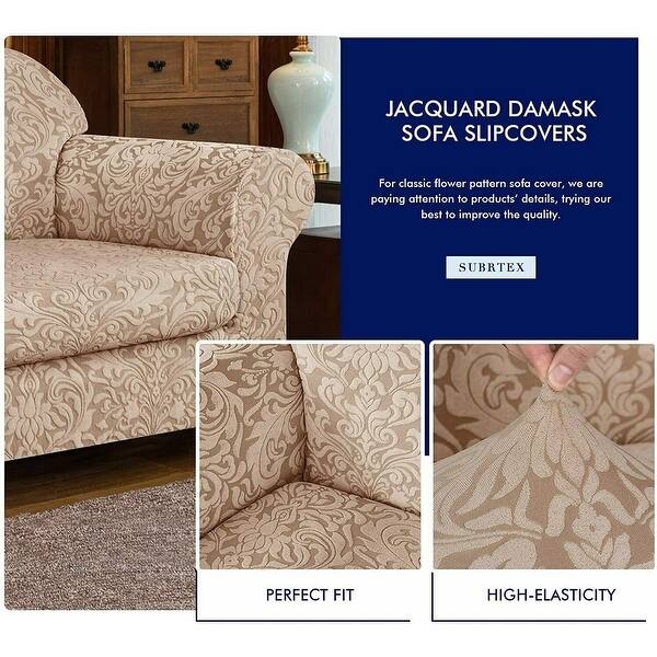 Sofa Slipcover Jacquard Damask Pattern Warm Beige High Elasticity