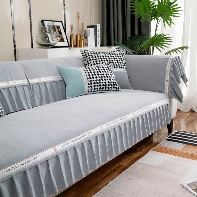 Sofa Slipcover Light Gray Chenille Texture Ruffled Pleated Skirt