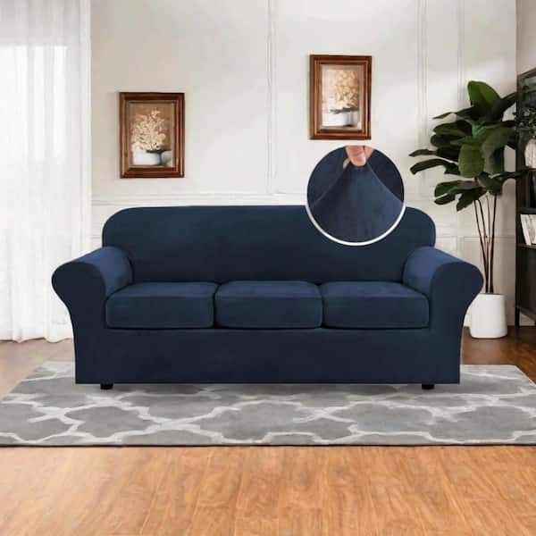 Sofa Slipcover Navy Blue Velvet Texture High Stretch Fit